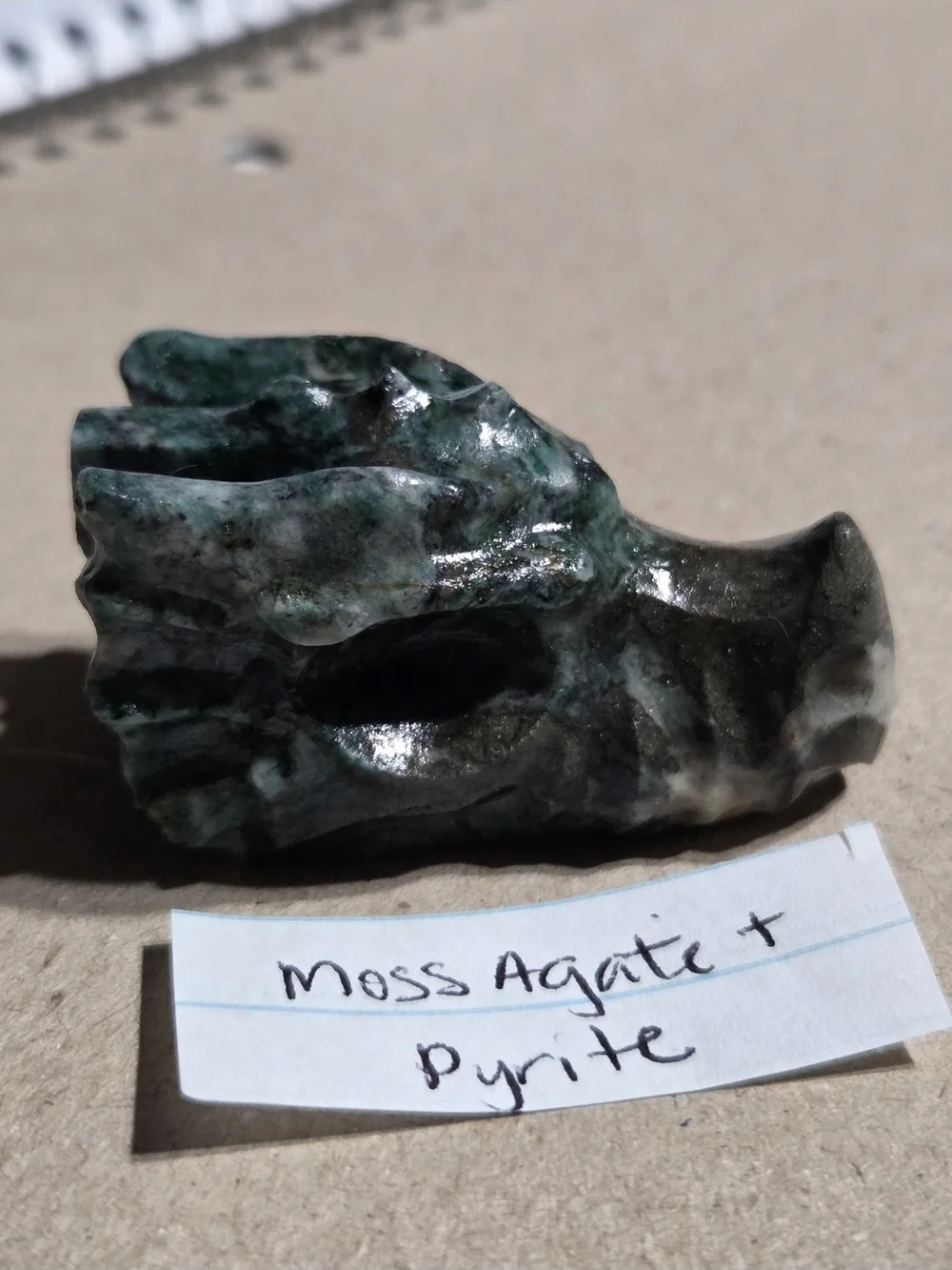 Detailed Moss Agate and Pyrite Crystal Carved Dragon Head Stone Sculpture Decor